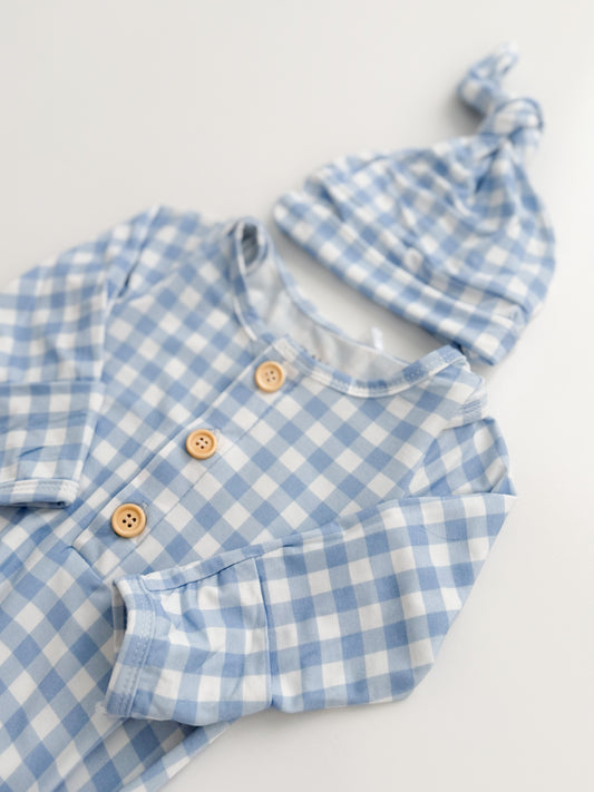 Cloud Blue Gingham Knotted Gown Set