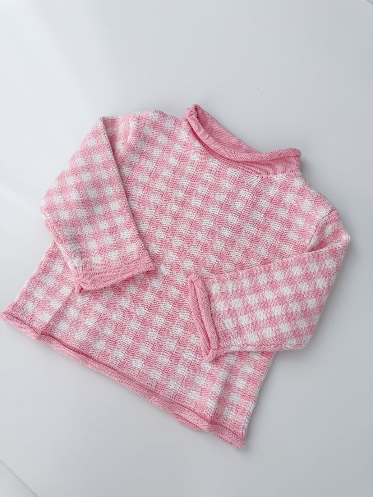Pink Gingham Roll Neck Sweater