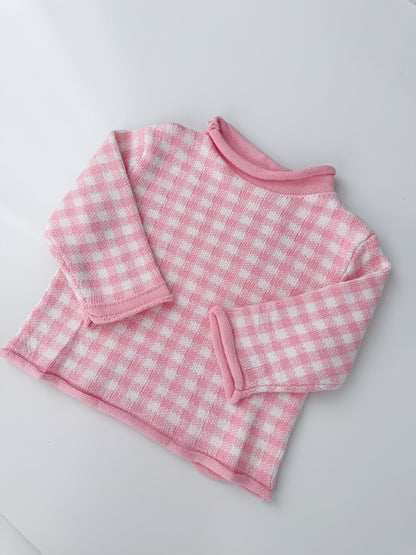 Pink Gingham Roll Neck Sweater