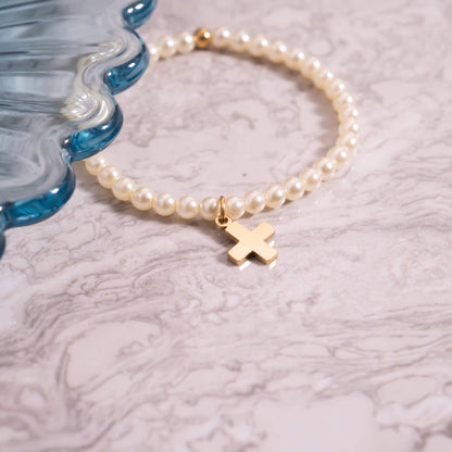 18k Gold Pearl Cross Bracelet