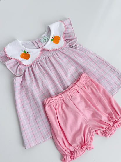 Pink Pumpkin Plaid Bloomer Short Set