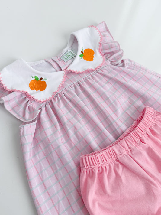 Pink Pumpkin Plaid Bloomer Short Set