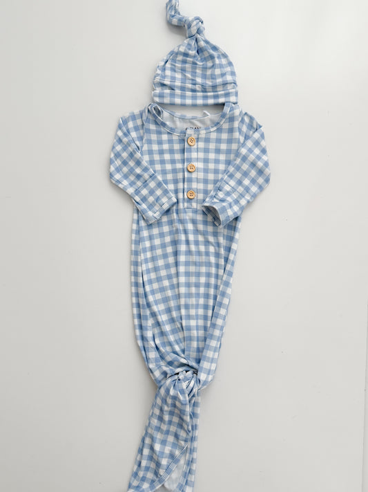 Cloud Blue Gingham Knotted Gown Set