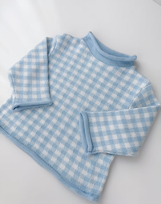 Blue Gingham Roll Neck Sweater