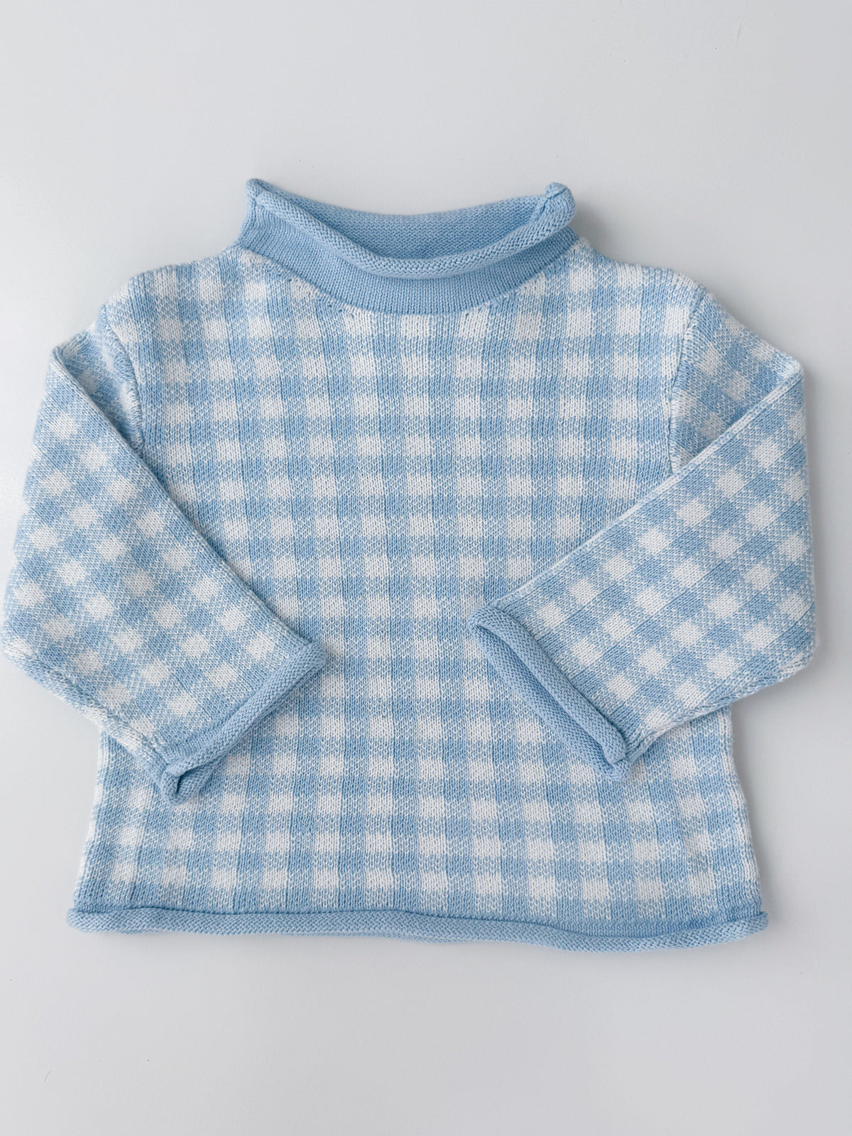 Blue Gingham Roll Neck Sweater