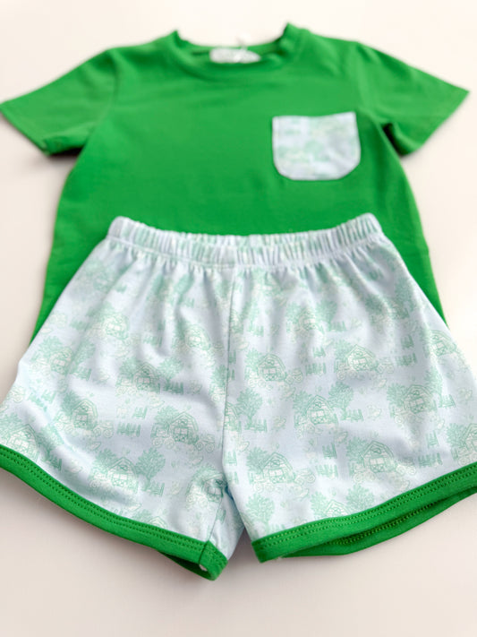 Green Farm Toile Boys Short Set