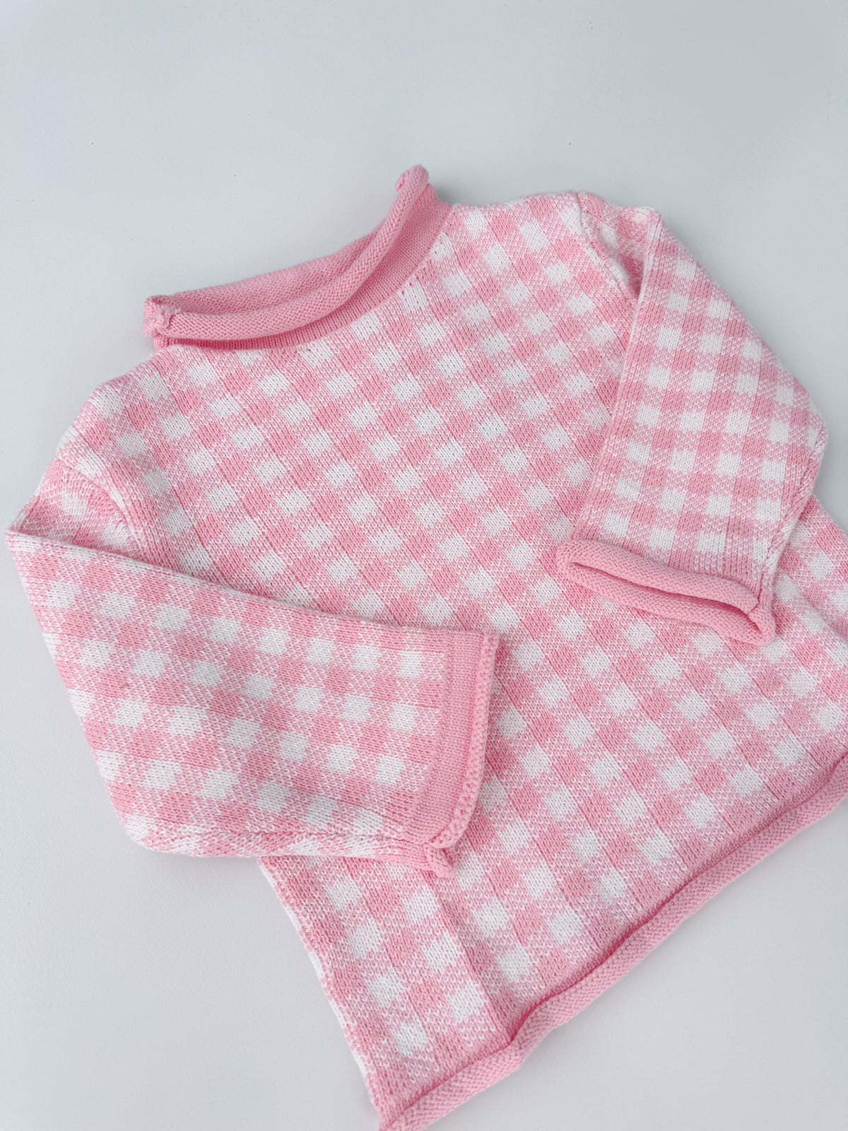 Pink Gingham Roll Neck Sweater
